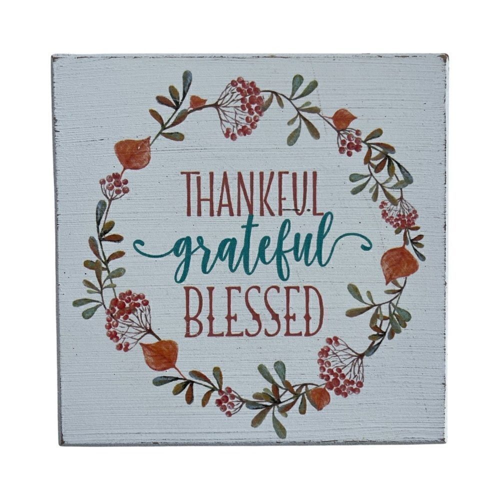 Thankful Grateful Blessed Whitewashed Distressed Wood Sign Quill to Paper NWT